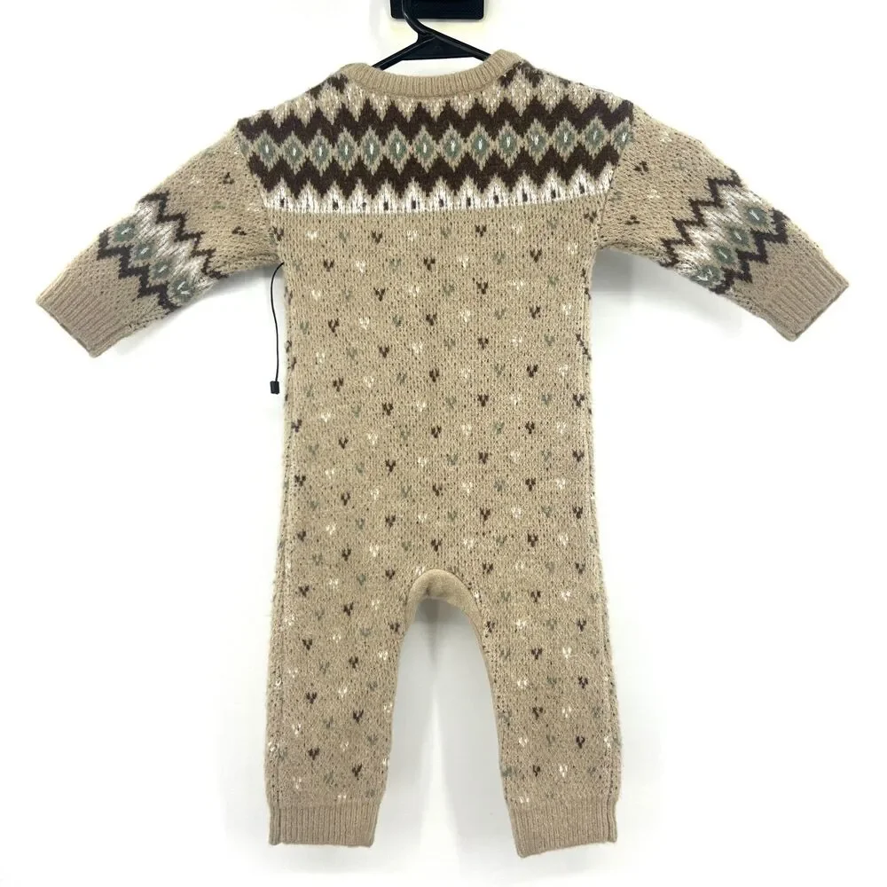 KITH Kids NYC Baby Fair Isle Knit Sweater Romper Coverall Tan 3-6M